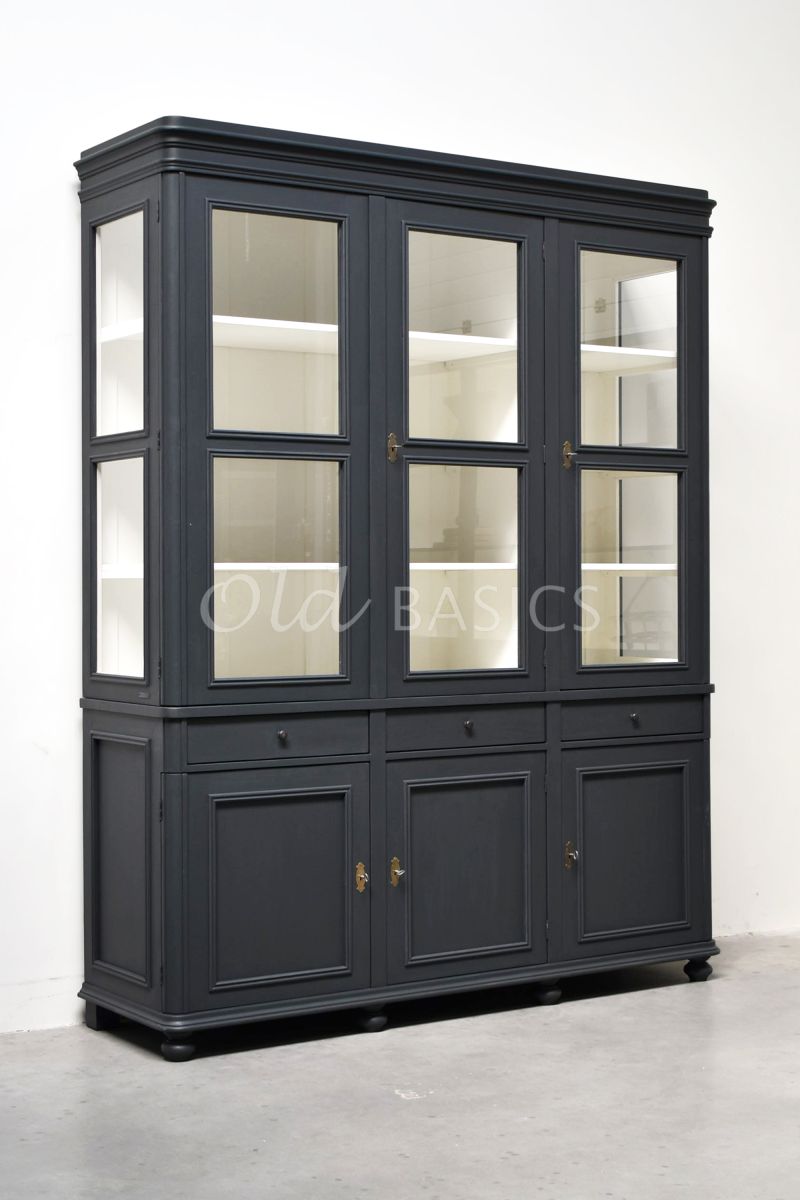 Vitrinekast Amiens, 3 deuren, RAL7021, grijs, zwart, materiaal hout